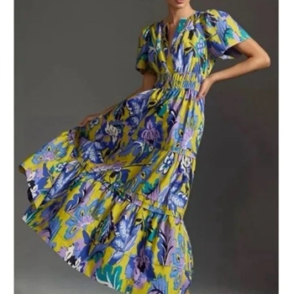 Anthropologie The Somerset Maxi Dress Purple Yellow Print Cotton Small Petite
